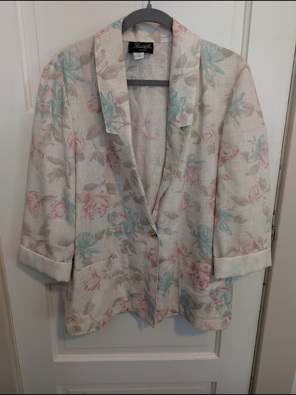 Vintage Petite Watercolor Floral Ivory Blazer with Pink & Blue Roses
